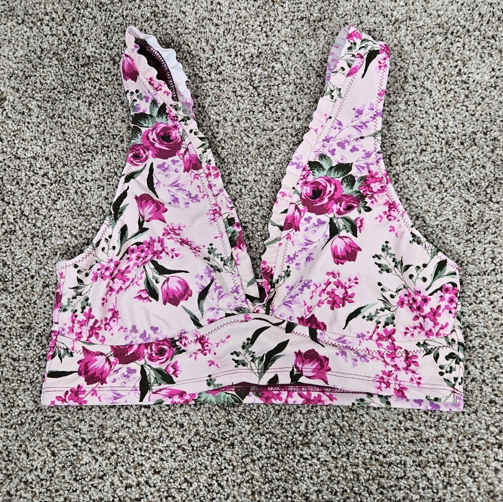 Target Mossimo Pink Floral Bikini Top Ruffle Straps Womens Size M